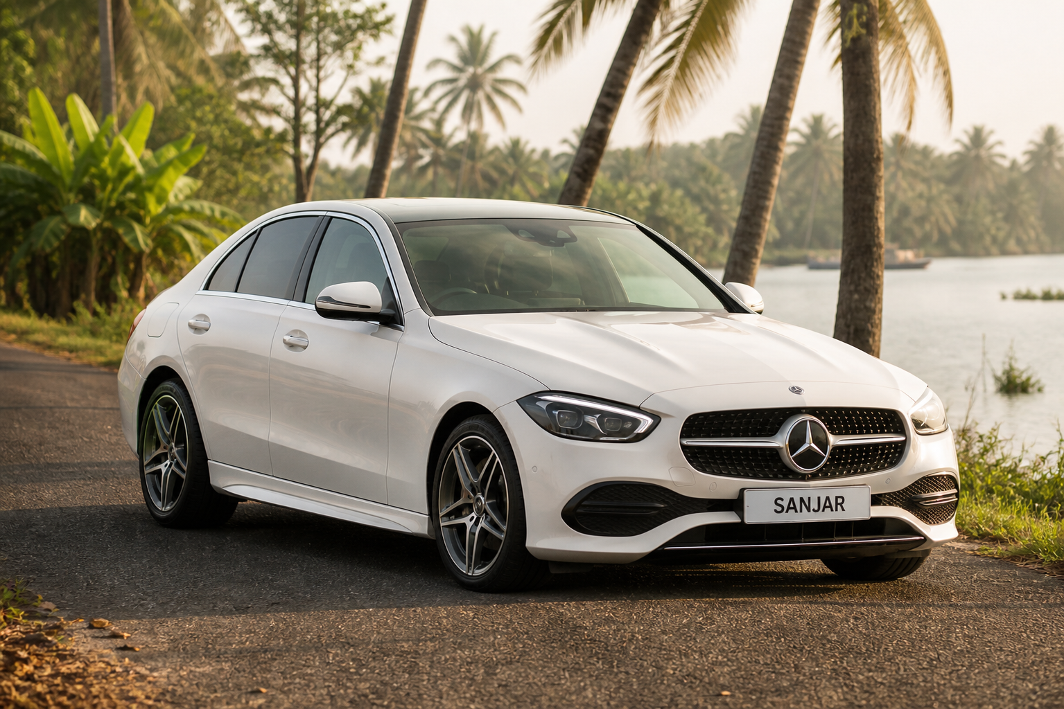 White Mercedes-Benz C-Class on a Kerala backwater road