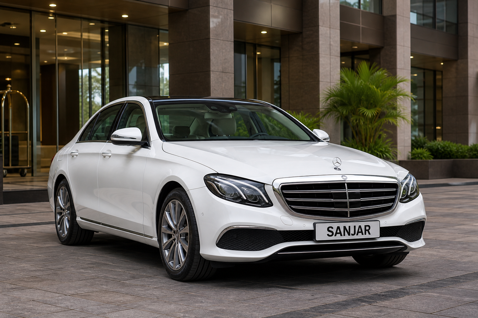 White Mercedes-Benz E-Class at an executive hotel