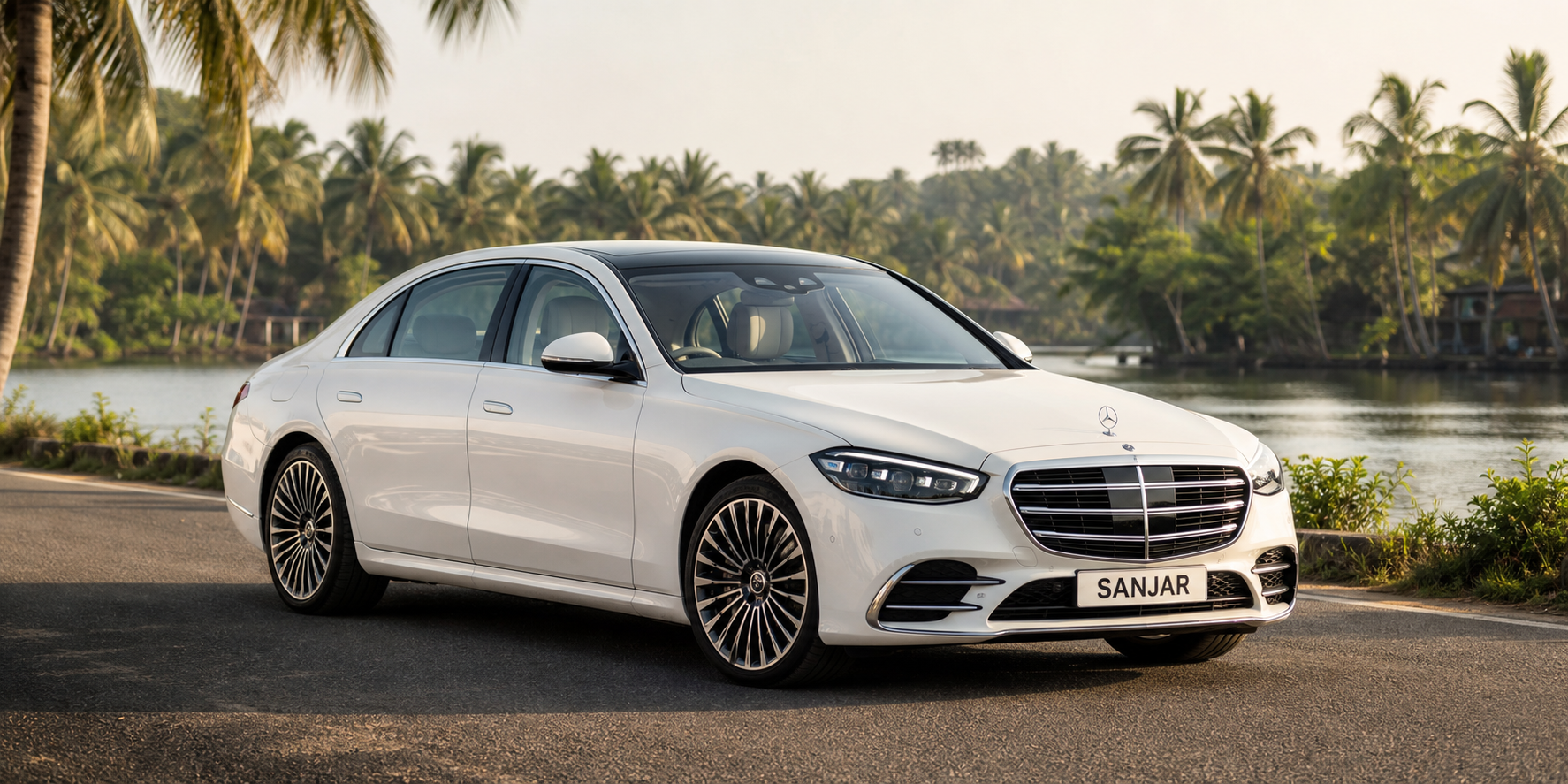 White Mercedes-Benz S-Class on a Kerala backwater road