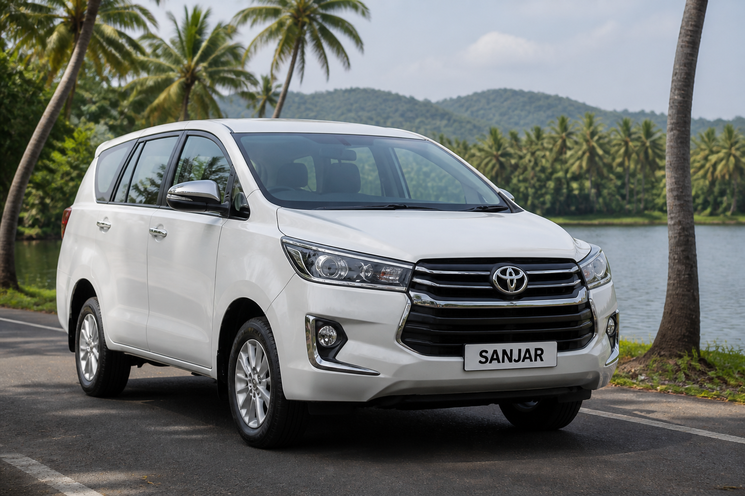 A white Toyota Innova Crysta on a scenic Kerala backwater road