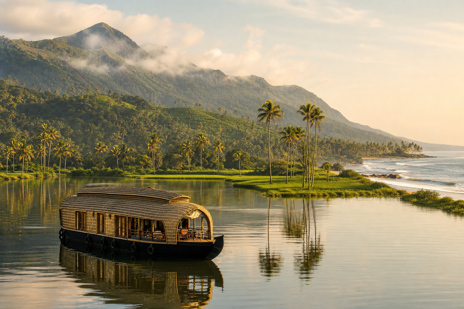 Kerala backwaters, houseboat, coconut palms, mountains and coastline