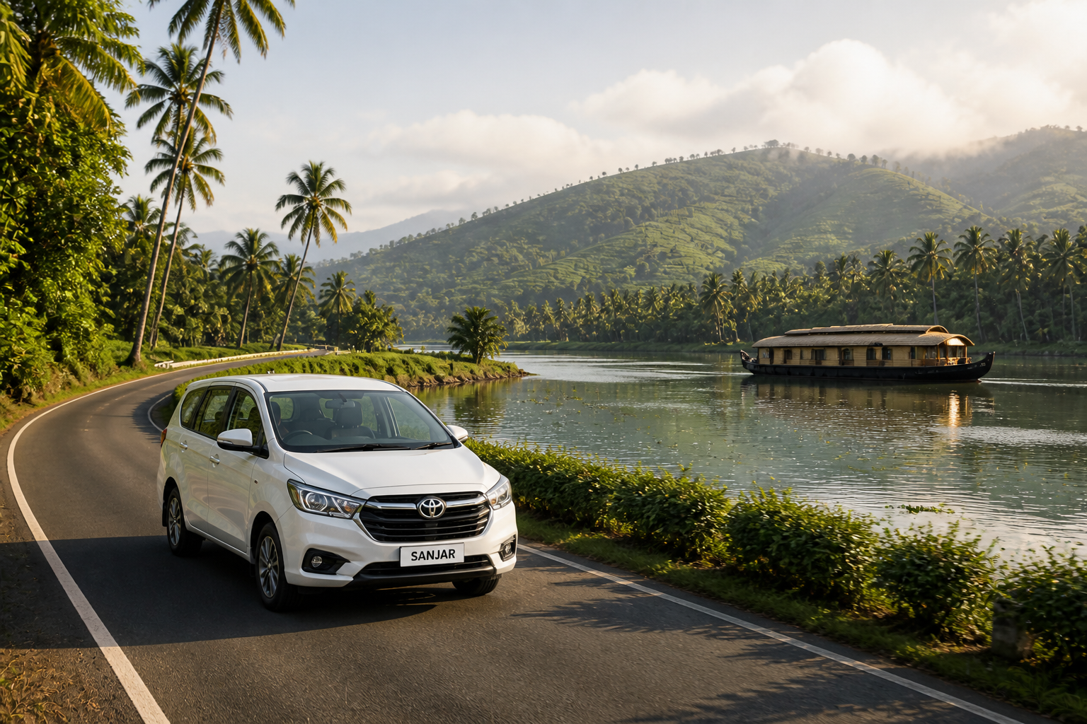 A white Sanjar vehicle on a palm-lined Kerala road beside the backwaters