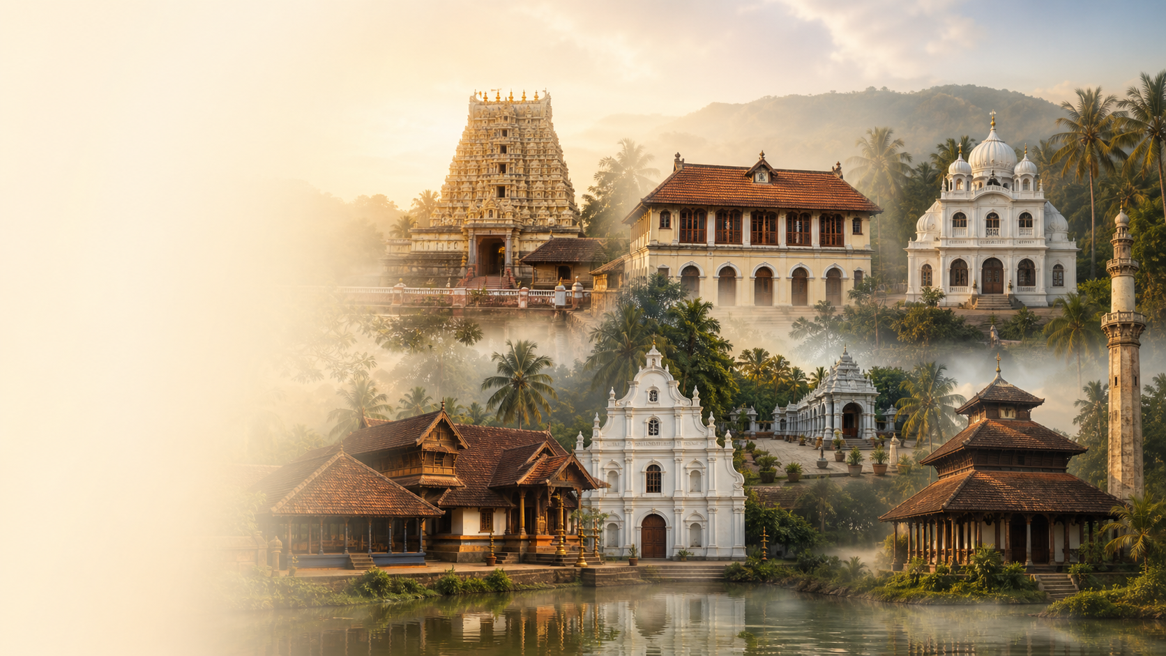 An editorial panorama representing Kerala's diverse sacred architectural heritage