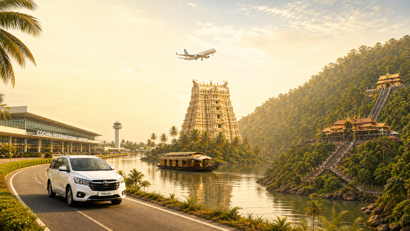 A white Sanjar vehicle by Cochin airport, Kerala backwaters, a houseboat and heritage landmarks